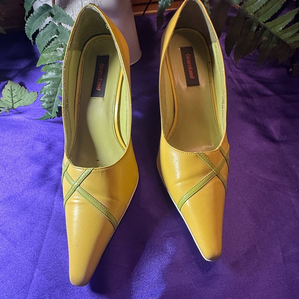 Vintage📌Graceland Spring Ready Yellow - Green Pointed Toe 3.5" High Hell Pumps